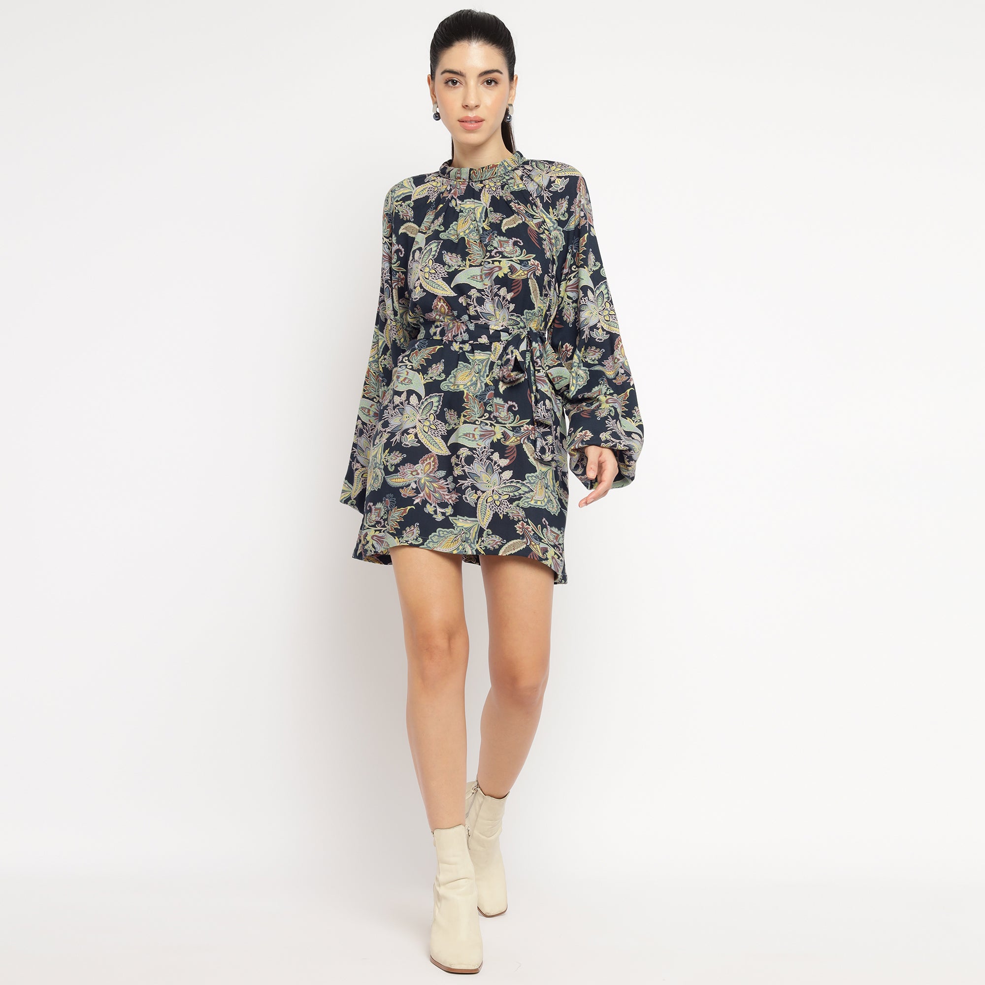 Botanical Print High-Neck Mini Dress